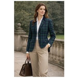 NEW Talbots Tartan plaid wool blend blazer jacket Size 16 green blue‎ old money